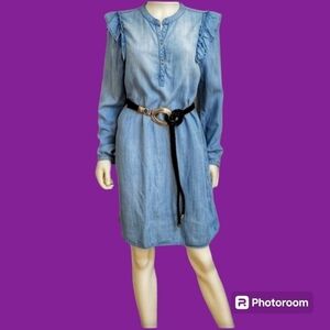 Cloth & Stone Chambray Denim Ruffle Cowboy Core Shirt Dress